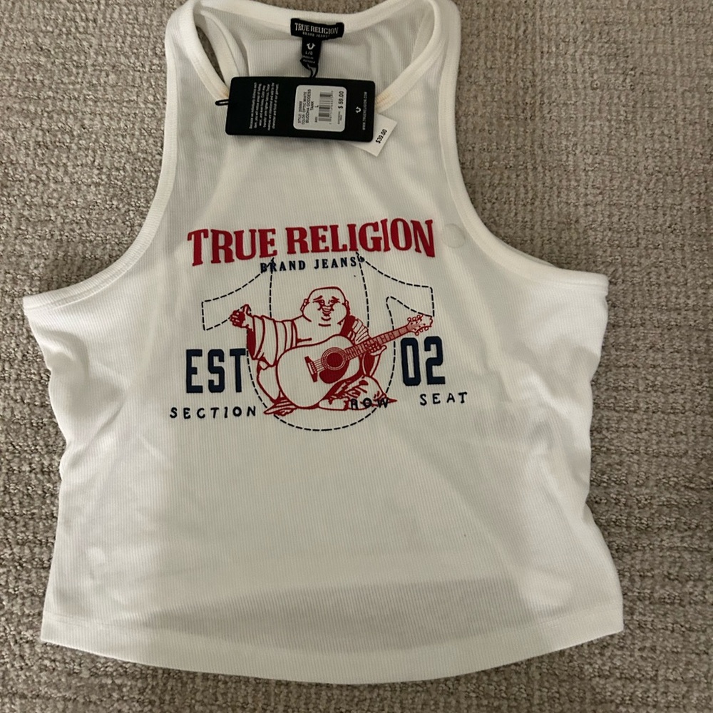 True Religion White Tank with Red and Blue Design